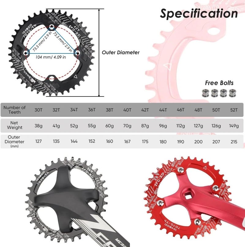 FOMTOR 104 BCD Chainring (30-52T) 7-12 Speed Compatible CNC 7075 Aluminum Narrow Wide Tooth Round Oval Chainrings for MTB/Road Bike Ebike Chainwheel Black/Red - Image 2